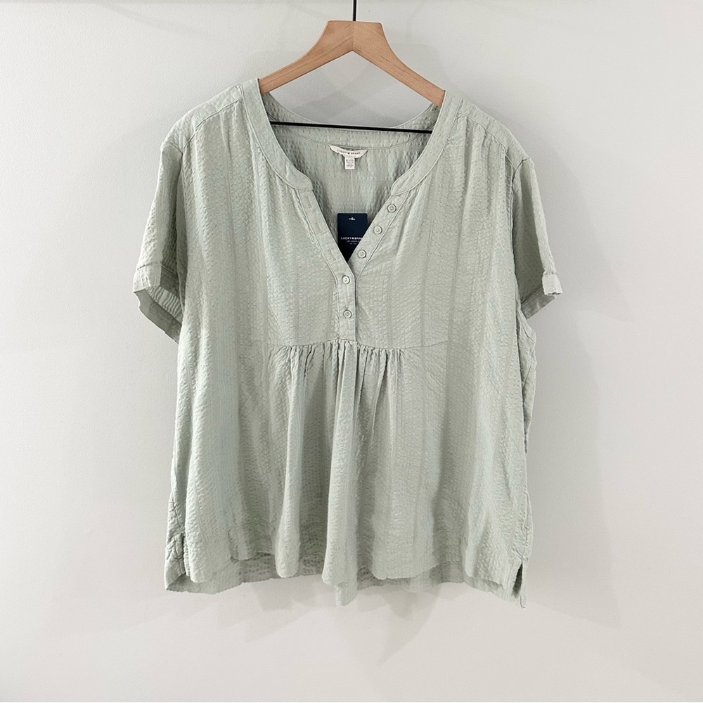 Lucky Brand Short Sleeve Boho Peasant Blouse Green Size XL